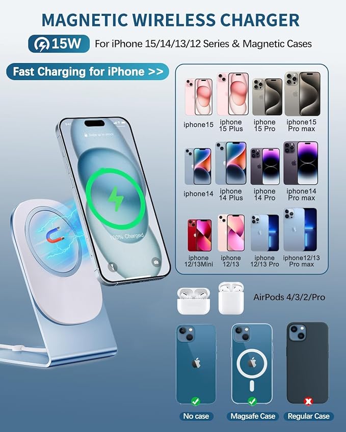 Magnetic Wireless Charger Mag-Safe Charger for iPhone 15/14/13/12 Series Convertible Magnet Wireless Charging Stand/Pad with 20W Adapter 5ft Cable for iPhone and AirPods 2/3/Pro 2/Pro（Blue）