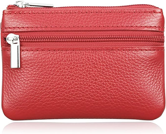 Hibate Red Small Leather Coin Purse Change Pouch for Women Men Kids with Zip Key Ring