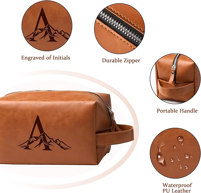 Personalized Gifts Travel Toiletry Bag for Men Engraved Initial PU Leather Waterproof Shaving Bag for Toiletries Accessories Fathers Day Birthday Gift for Men Dad Husband Son, Light Brown T
