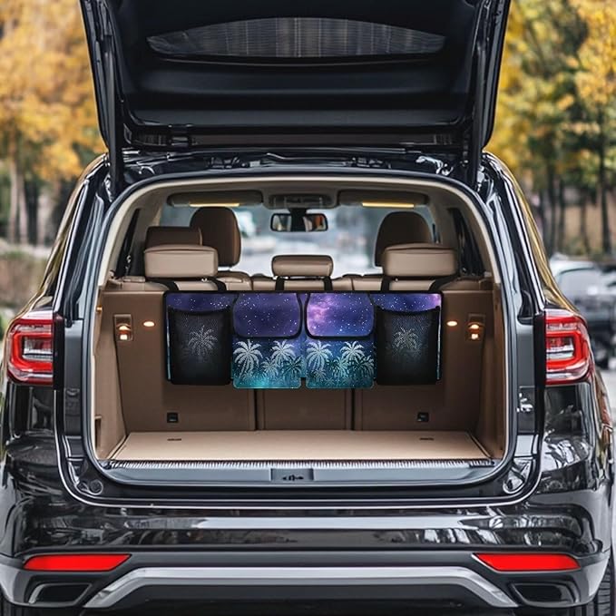 Starry Sky Back Seat Trunk Organizer,Coconut Tree Design Car Trunk Storage Organizer with Lid Keep your Trunk Clean and Tidy 4 Large Pockets Not Easy to Fade
