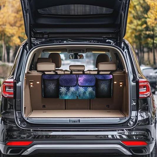 Starry Sky Back Seat Trunk Organizer,Coconut Tree Design Car Trunk Storage Organizer with Lid Keep your Trunk Clean and Tidy 4 Large Pockets Not Easy to Fade