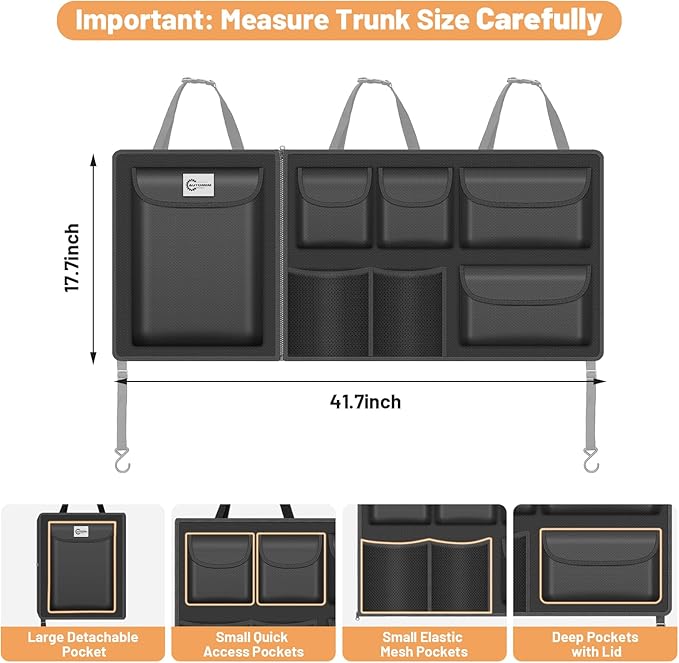 Detachable Hanging Trunk Organizer, Foldable Car Trunk Organizer Hanging for SUVs, Jeeps, Hatchbacks, Car Trunks Organiser with 7 Large Compartments