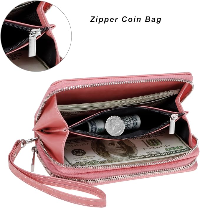 Cellphone Wallet for Women Dual Zipper Long Purse with Removable Wristlet