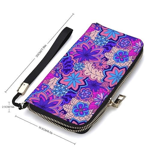 Unisex Zip Around Wallet for Adults Teens Colorful Bright Ethnic Style Flowers Floral Coin Pouch Cash Pocket PU Leather Wallets Card Holder Organizer Designer Purse with Wristlet Strap