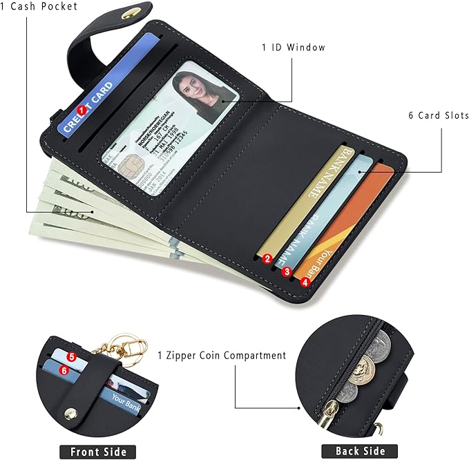 Airkit Small Wallets Woman RFID Blocking Leather Credit Card Holder - with ID Window - Card Wallets for Women - with Zipper Coin Purse - Keychain Wallet