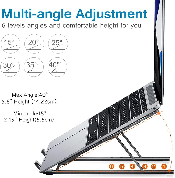 ivoler Laptop Stand, Laptop Holder Riser Computer Tablet Stand, 6 Angles Adjustable Aluminum Ergonomic Foldable Portable Desktop Holder Compatible with 10-15.6” MacBook,iPad, HP, Dell, Lenovo Black