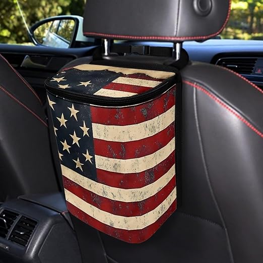 Biyejit Vintage USA Flag Car Trash Can with Lid - Trash Bag Hanging Storage Pockets Leak-Proof Organizer Portable Waterproof Garbage Bin, Large Capacity Multipurpose Bin