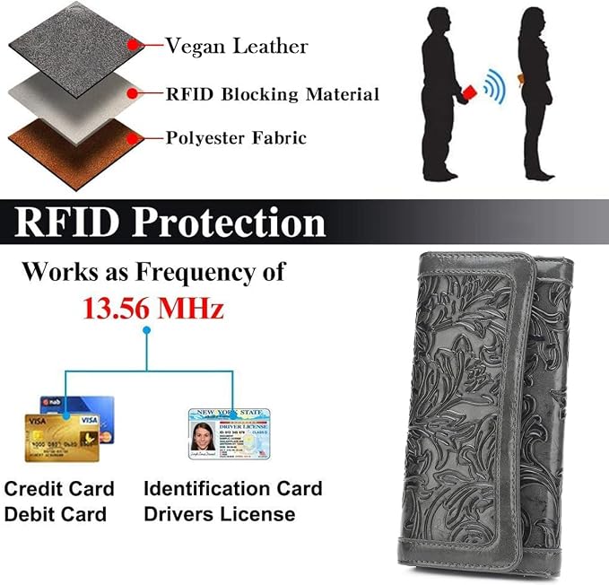 MEITRUE Women's Wallet Leather RFID Blocking Trifold Ladies Purse Embossed long Clutch Card Holder Phone Checkbook Organizer