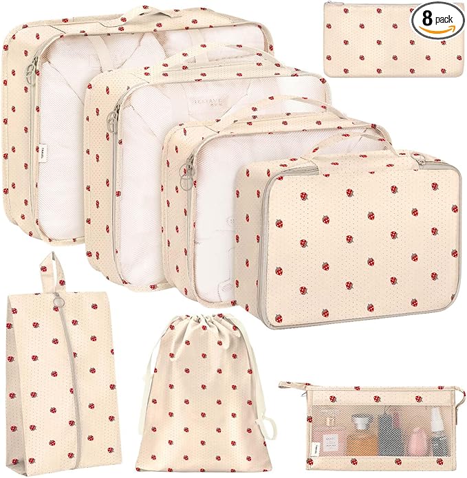 KPX 8 Set Packing Cubes for Travel, Luggage Packing Organizers Accessories Large Toiletries Bag for Clothes Shoes Cosmetics (8Set-Beige Strawberry)