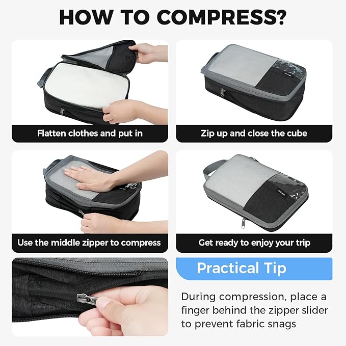 BAGAIL 6 Set Lightweight Compression Packing Cubes with Packing List, Anti-Tearing Expandable Organizer Bags for Travel, Black