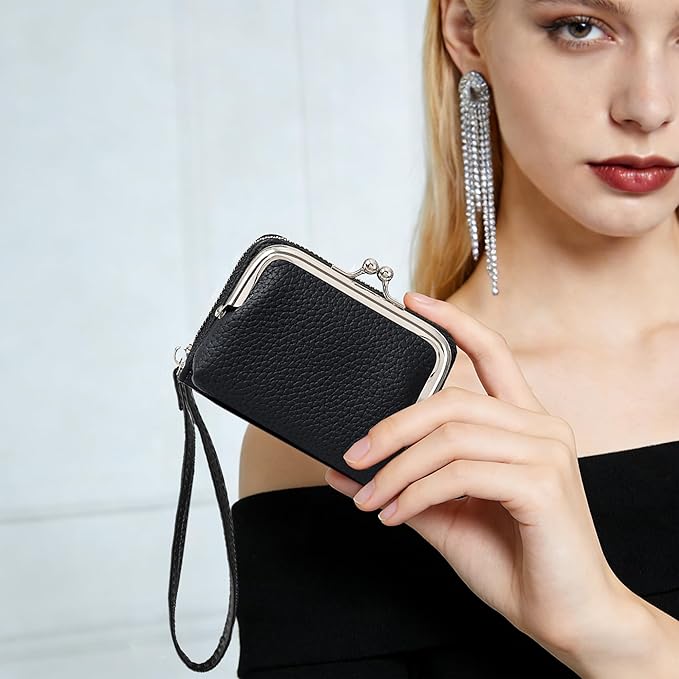 Women's Pebble Leather Wristlet Wallet, 2-in-1 Zip-Around Credit Card Holder with Kiss Lock Coin Purse, Cute Change Purse with Secure Clasp & Card Slots (Charcoal Black, Small)