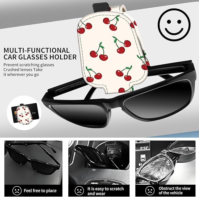 Leather Magnetic Sunglass Holder for Car Sun Visor, Cute Eyeglass Ticket Card Hanger Clip, Universal Auto Interior Accessories for SUV Pickup Truck Cute Red Cherry