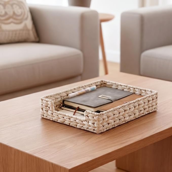 PINXIURY Water Hyacinth Letter Tray for A4 File Desk Mail Letter-Size Paper, Basket Woven Organizer, Magazine Files Storage, Office Document Organizer and Storage,Whitewash