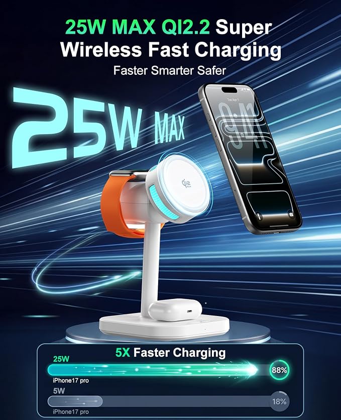 Qi2.2 25W Magnetic 4-in-1 Wireless Charging Station, TEC Active Cooling MagSafe Charger Stand with Night Light, 45W Adapter Included, for iPhone 17-12, iWatch, AirPods, Samsung Gifts for Fathers Day