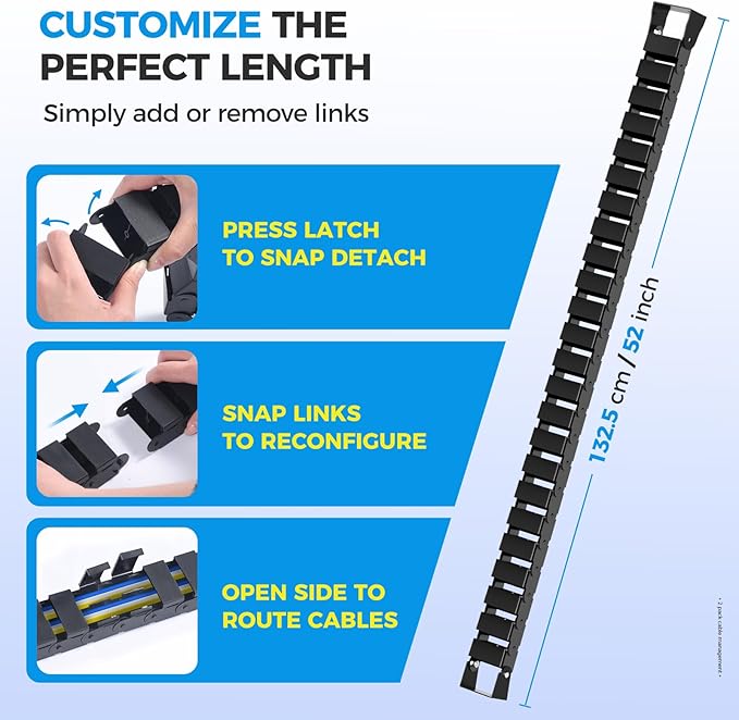 Cinati 52 Inch Vertebrae Cable Management, Black Under Desk Vertebrae Cable Management Kit, Adjustable Length Wire Sleeve for Standing Desk, Cord Organizer for Office - 2 Way Mounting (Tape or Screw)