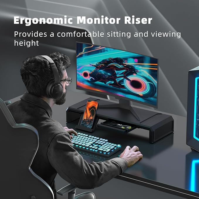Heymaster Monitor Stand Riser, Foldable Computer Monitor Riser, Adjustable Length Computer Stand, Desk Shelf Riser with Storage Drawer &Tablet Phone Stand for Desktop, Laptop