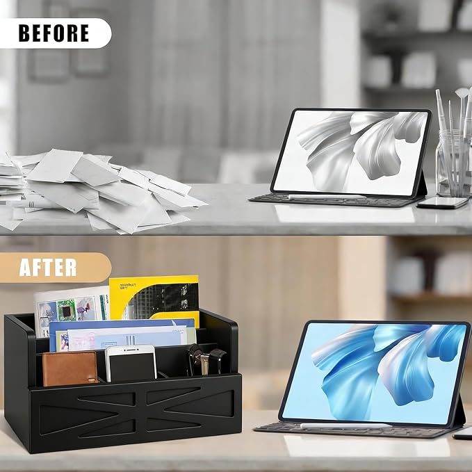 Mail Organizer Countertop, Wood Mail Holder Sorter for Desk, Rustic Bill Storage Organizer Box, Office Letter Basket for Document File Folder Paper Envelope (Black)