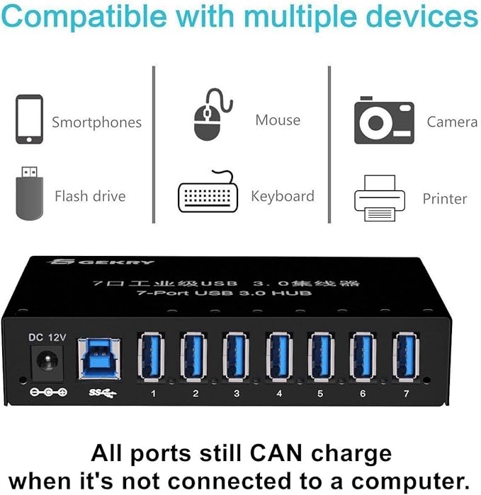 USB 3.0 Hub, USB Data Hub, Metal Case Mountable 7-Port Powered USB Hub 3.0 with 36W AC Adapter-Type A