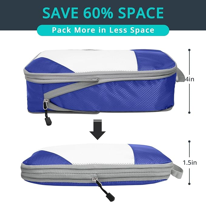 9 Set Compression Packing Cubes for Travel - Compressible, Lightweight, and Space-Saving Packing Cubes, Travel Essentials for Women, Royal Blue