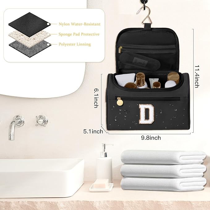 COSHAYSOO Personalized Beach Gifts for Her Best Friend Birthday Last Minute Small Gifts for Coworkers Female, Womens Initial Hanging Travel Toiletry Bag Toiletries Case Organizer Black Letter D