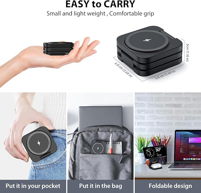 KU XIU X55 Foldable 3 in 1 Charging Station for Apple Devices, 15W Fast Magnetic Wireless Charger, Magent Travel Charger Stand for iPhone 16 15 14 13 12 Series, 5W for Apple Watch, AirPods-Black