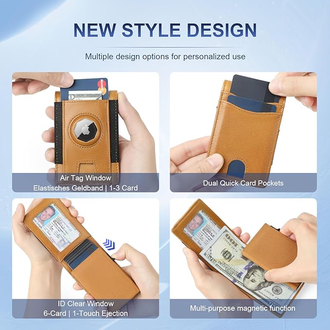 Magnetic Wallet with Card Holder for Iphone12~16, Slim & Minimalist Air tag Wallet with RFID Blocking Card Holder, Genuine Leather, Stretch Front Pocket (Vivid Yellow)