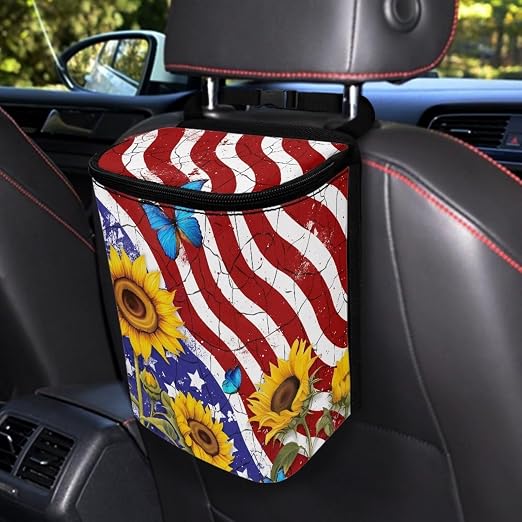 Biyejit Car Trash Can with Lid Car Accessories Leak Proof Car Trash Bag Hanging Waterproof Car Garbage Can Multipurpose Storage Container for Back Seat Road Trip, American Flag Sunflower