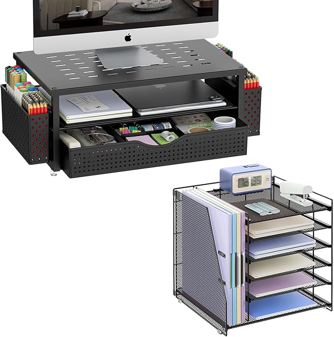 gianotter Monitor Stand with Storage + 6-Tier Paper Organizer (Black)