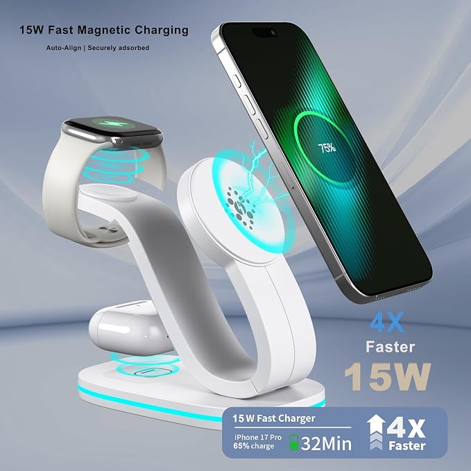 2026 New Fast 15W 3 in 1 Charging Station for iPhone Compatible Magnetic | Wireless Charger Station for iPhone 17 16 15 14 13 12, AirPods and iWatch Series, 35W Charger Included