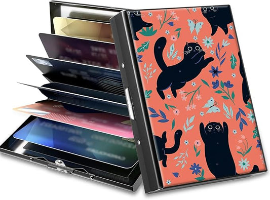 Slim Credit Card Holder, Black Cat Flowers RFID Blocking Metal Wallet for Men & Women, Aluminum Minimalist Hard Case Pocket-Sized Business Cards Organizer (Fits Up to 10 Cards)