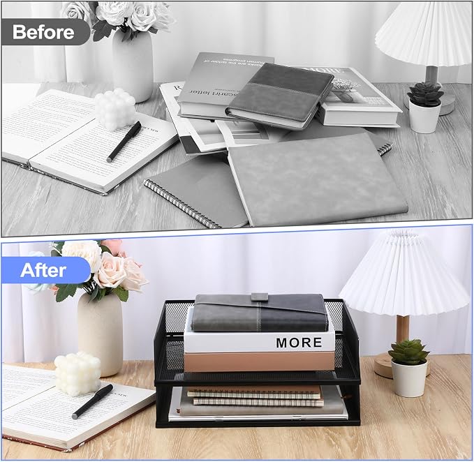 2 Pack Stackable Letter Tray, Wire Mesh Desk File Organizer Metal Desktop Paper Sorter Desk Tray Document Magazine Storage Basket for Home Office Supplies - Transverse Load, Black