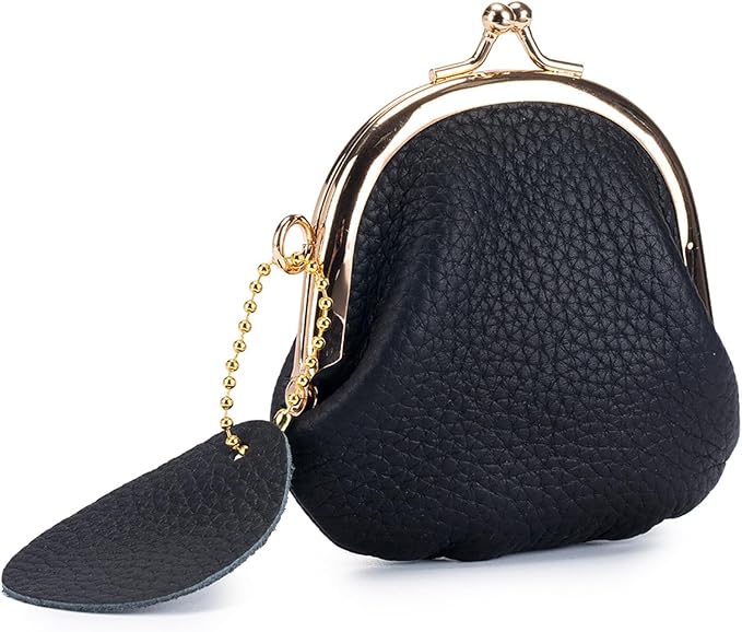 Women's Small Coin Purse, Vintage Leather Change Purse, Coin Bag with Kiss Lock, Mini Coin Purse for Women (Black)