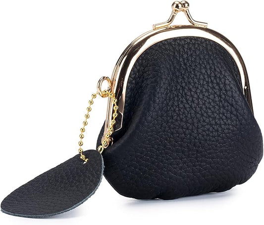 Women's Small Coin Purse, Vintage Leather Change Purse, Coin Bag with Kiss Lock, Mini Coin Purse for Women (Black)