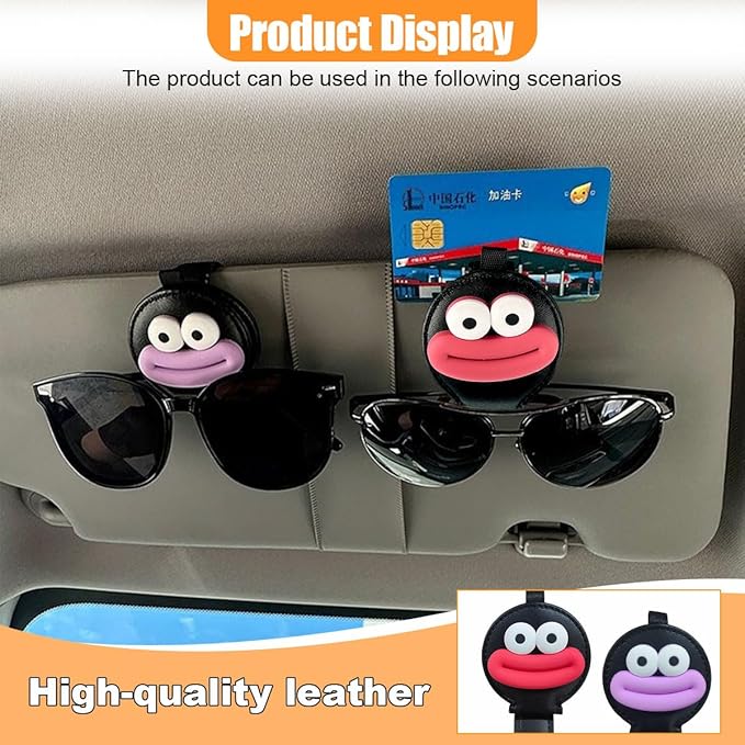 2PCS Sunglasses Holder for Car Visor, Magnetic Leather Ticket Card Clip, Sausage Mouth Sunglass Mount for Different Size Eyeglasses, Cartoon Car Visor Decoration Accessory (Red/Purple/Black)