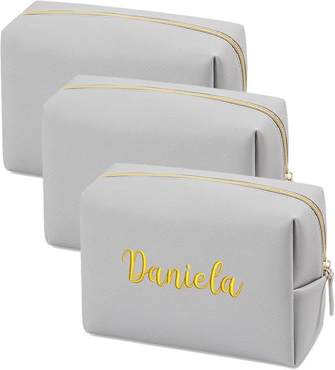 Embroidered Large Make up Bag,Personalized Skincare Bag,Cosmetic Travel Bags for Women Gift For Wedding,Set of 3, Gray