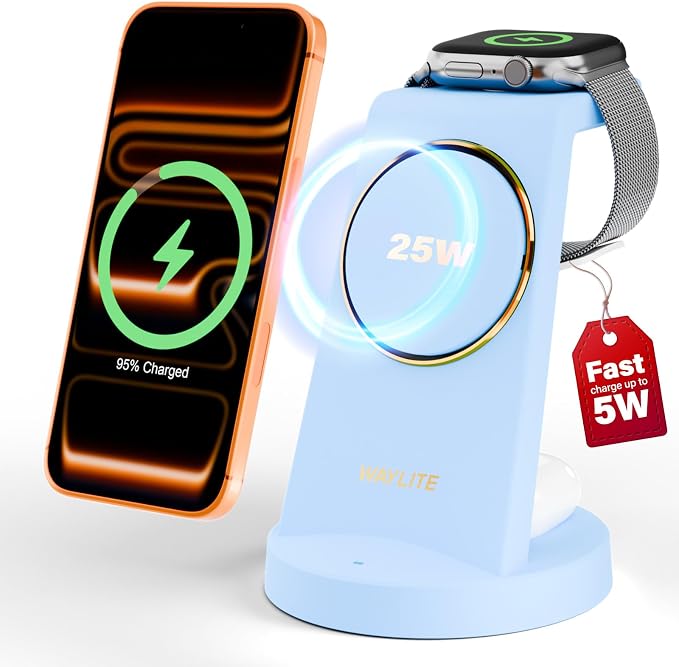 3 in 1 Fast Charging Station for iPhone, 25W Wireless Magnetic Phone Charger for iPhone 17 16e 16 15 14 13 12 Serise, Watch Charger Stand, Wireless Charging Station for AirPods 4 3 Pro, Blue