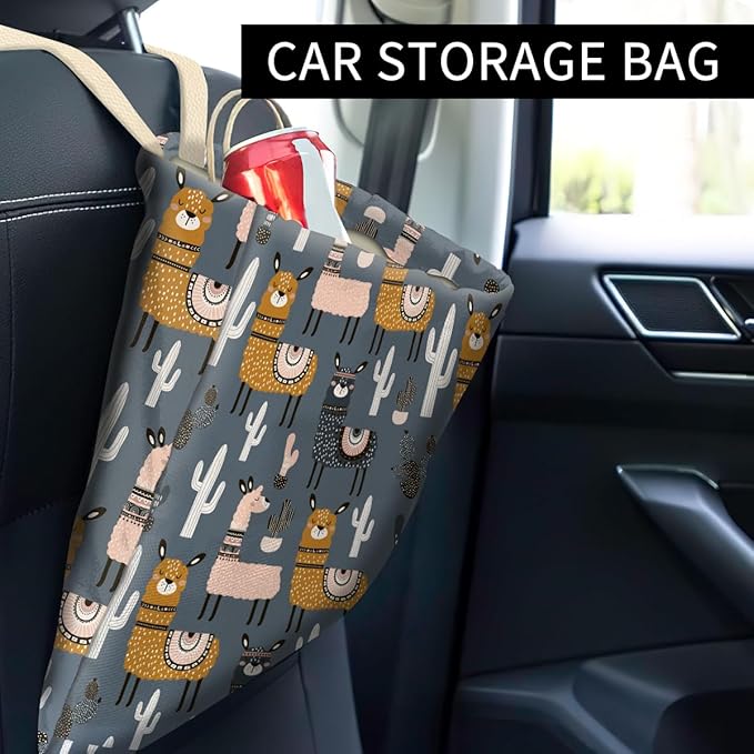 Car Trash Can, Cute Car Trash Bag, Hanging Car Organizer and Storage Bag, Trash Bin for Car Accessories, Vehicle, Travelling, Camping Cute Blue Llama