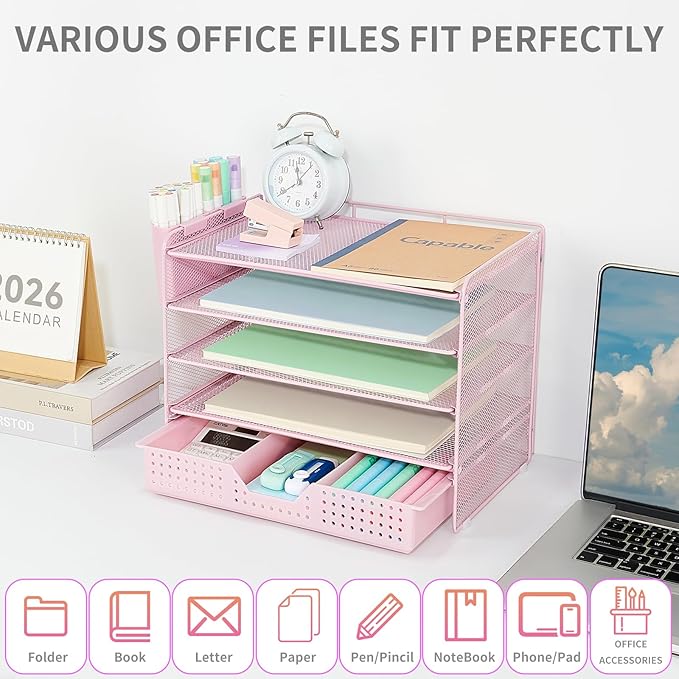 LEKETREE Desk Organizers and Accessories, 5-Tier Paper Letter Tray Organizer with Drawer & 2 Pen Holders, Desktop Organizer for Office Supplies (Pink)
