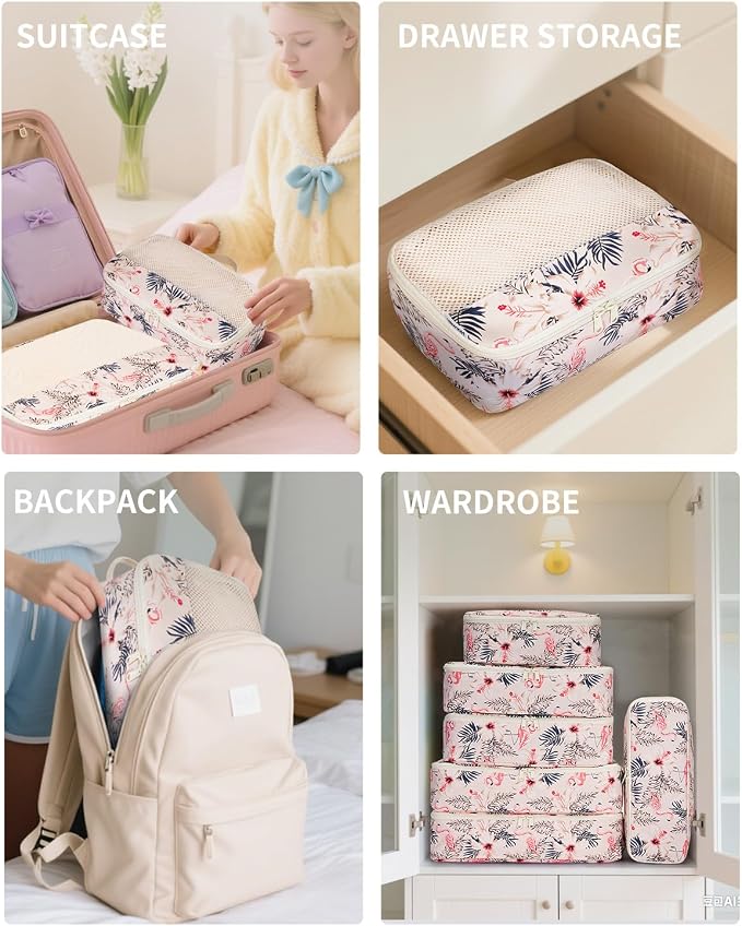Narwey 7 Set Packing Cubes for Travel, Durable Packing Organizers for Kids Women Men, Carry on Luggage Travel Essentials Accessories (Beige Flamingo)