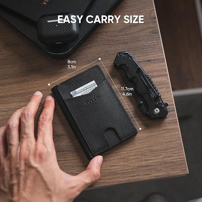 VULKIT Bifold Front Pocket Slim Wallet RFID Blocking Minimalist Thin Genuine Leather Credit Card Holder Wallet for Men and Women Litchi Black