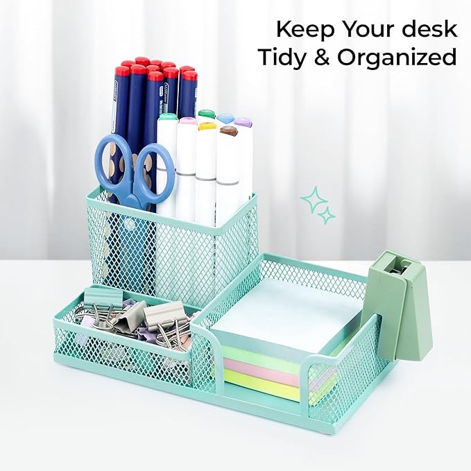 M&G Mesh Pen Holder Desk Organizers Pencil Holder for Desk Light Blue, 3 Compartments Metal Office Supply Organizer with Sticky Notes Holder for Home Office