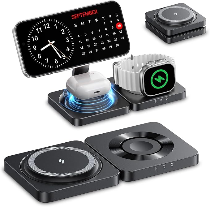 Wireless Charger for iPhone, 3-in-1 Magnetic Charging Station for Apple Device, MagSafe Charger Stand for iPhone 17 16 15 14 13 12 Series, Apple Watch Ultra, Airpods Pro, Foldable, Black