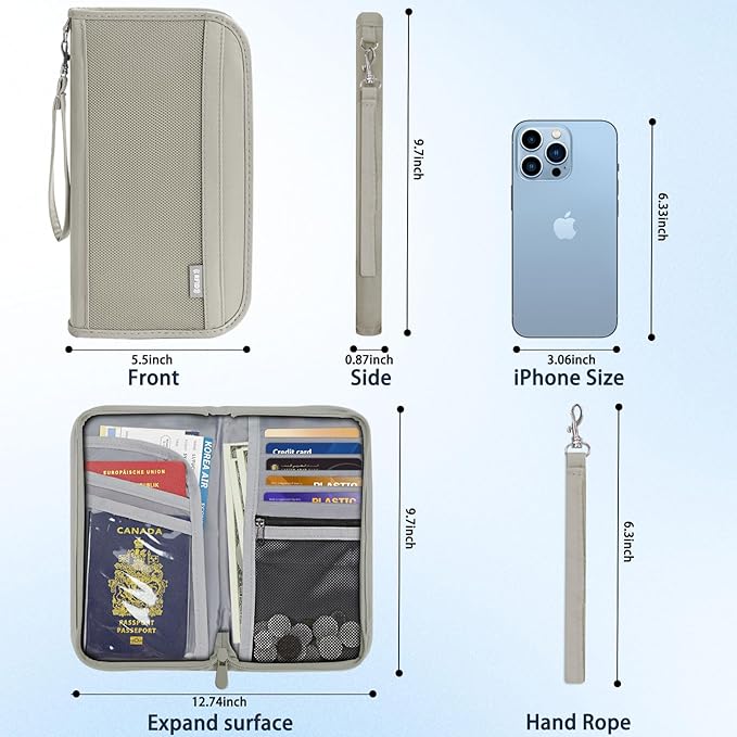 Passport Holder for Travel, Rfid Blocking Passport Wallet Travel Documents Organizer, Waterproof Family Passport Holder with Wrist Strap for Men & Women, Grey