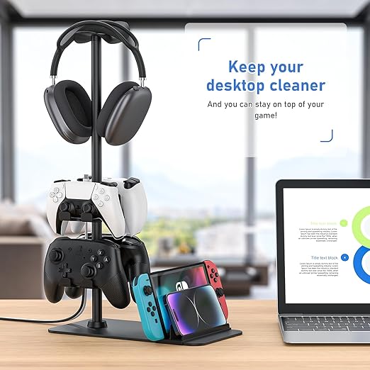 MANMUVIMO Headset Stand Controller Holder for 1 Headset and 4 Controller, Headphone Game Controller Stand for Desk, Gamer Gifts, Organizer Rack for iPad/Mobile Phone, Gaming Room Accessories