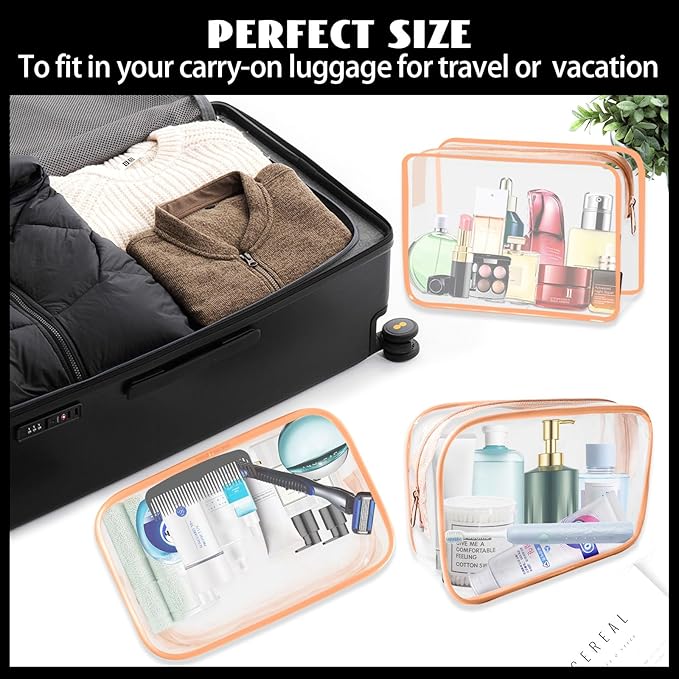 YedsIntu 16 Pieces Clear Cosmetic Bags, Large Transparent Makeup Bags, TSA Approved Toiletry Bag for Travel, PVC Waterproof Clear Pouch with Zipper Make Up Bag for Women and Men Traveling (Orange L)