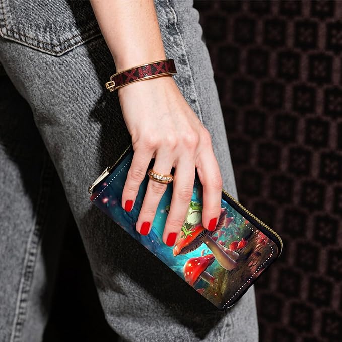 Zip Around Wallets for Women with Detachable Wrist Strap, Large Capacity RFID Blocking Leather Purse Organizer Card Holder Wristlet,Aesthetic Mushroom and Frog