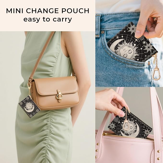 Sun Moon Keychain Coin Purse for Women, Small PU Leather Change Pouch, Zipper Little Tiny Travel Wallet for Girls, Cute Kawaii Zip Pocket Coin Holder with Key Ring