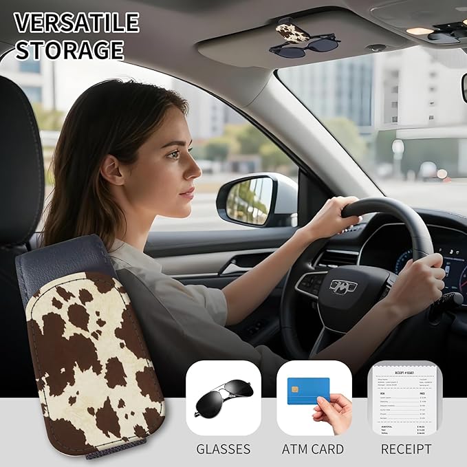 Sunglasses Holder for Car Visor, PU Leather Glasses Clip Organizer, Cute Magnetic Eyeglass Holder for Vehicle Sun Visor, Car Interior Accessory for Women & Men Brown Cow Fur