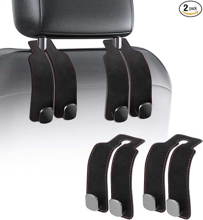 SeatHooker Leather Car Headrest Hangers, Car Headrest Hooks for Purse and Bags, 2-in-1 Leather Car Seat Back Storage Hook, Anti-Slip Purse Holder for Car, Supports Up to 50 lbs (Black-2 Pack)