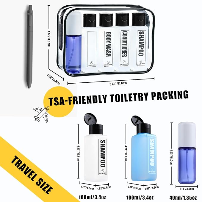 GearTrust Labeled Travel Bottles for Toiletries, 3.4oz TSA Approved Travel Shampoo and Conditioner Bottles with Spray, Leak Proof Clear Plastic Containers with Flip Cap-5 PCS
